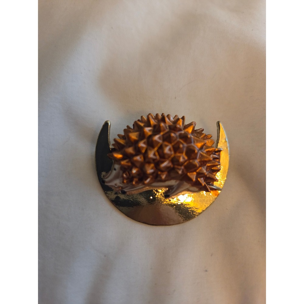 Hedgehog on Crescent Moon Enamel Pin Gold and Copper Tone Celestial Brooch